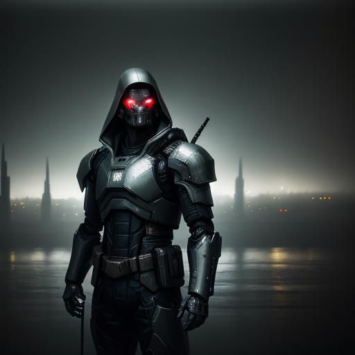 Cyberpunk Cyborg Soldier Advances Through Rainy Cityscape