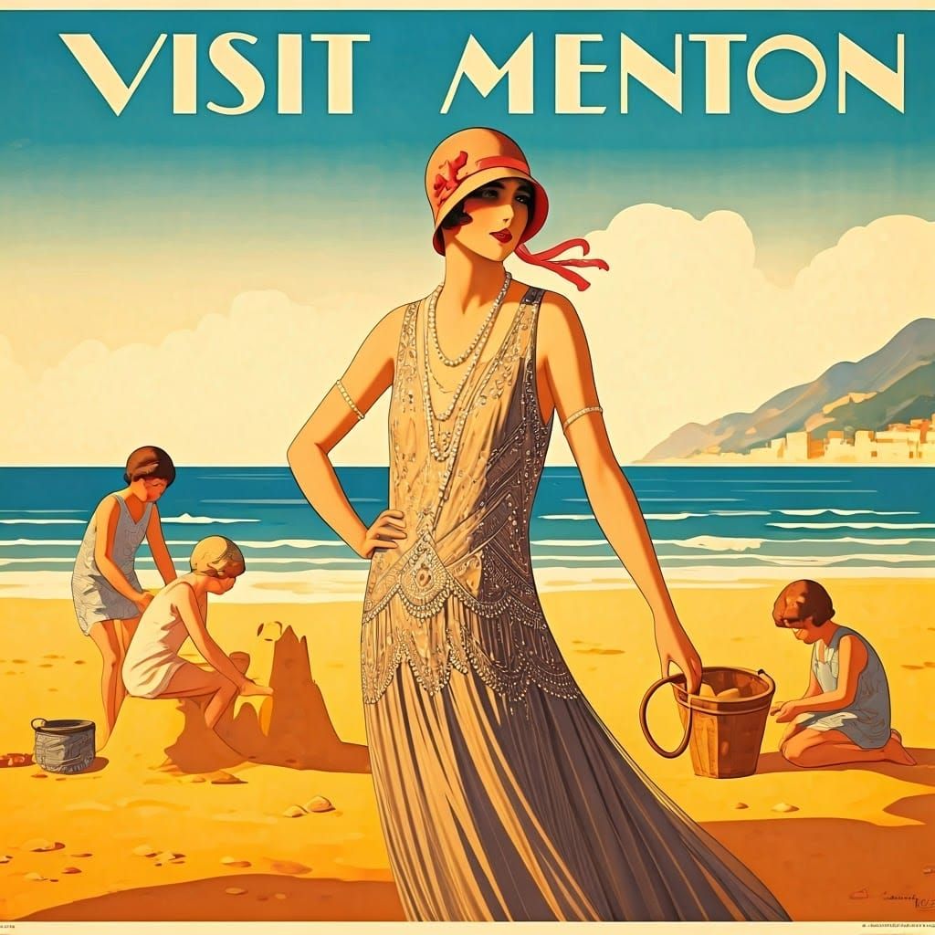 Flapper on Menton Beach in Art Deco Style