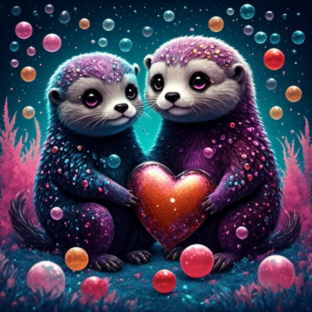 Romantic Otters Surrounded by Love Bubbles