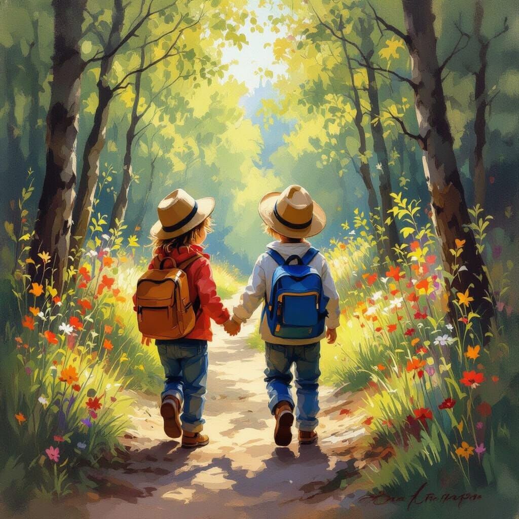 Children Exploring a Vibrant Forest in Impressionist Style