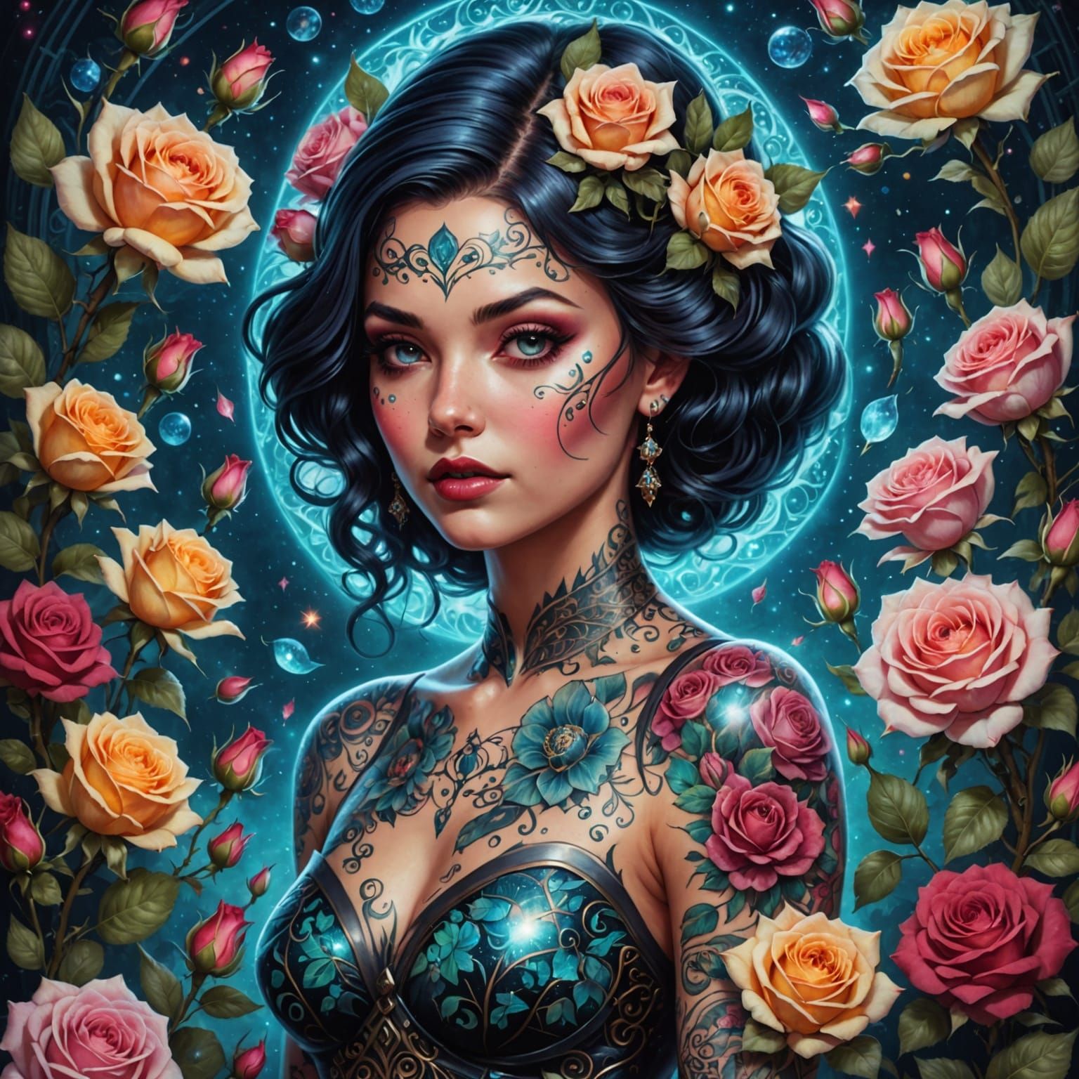 Surreal Tattooed Goddess Among Whimsical Cosmic Roses