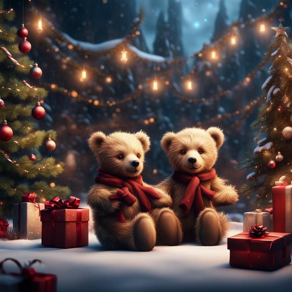 Teddy Bears Celebrate Christmas: Detailed Matte Painting