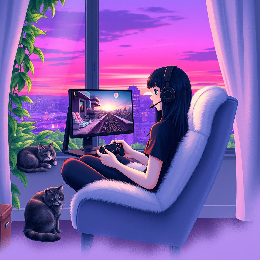 Lofi Girl Gaming at Sunset in Digital Watercolor
