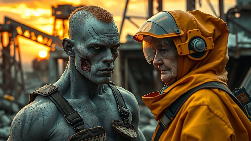 Muscular Mutant in Tattered Hazmat Suit Amidst Ruined City