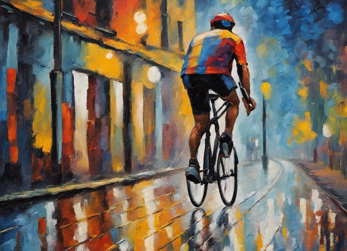 Midnight Cyclist in the Rain: Expressionist Oil Painting