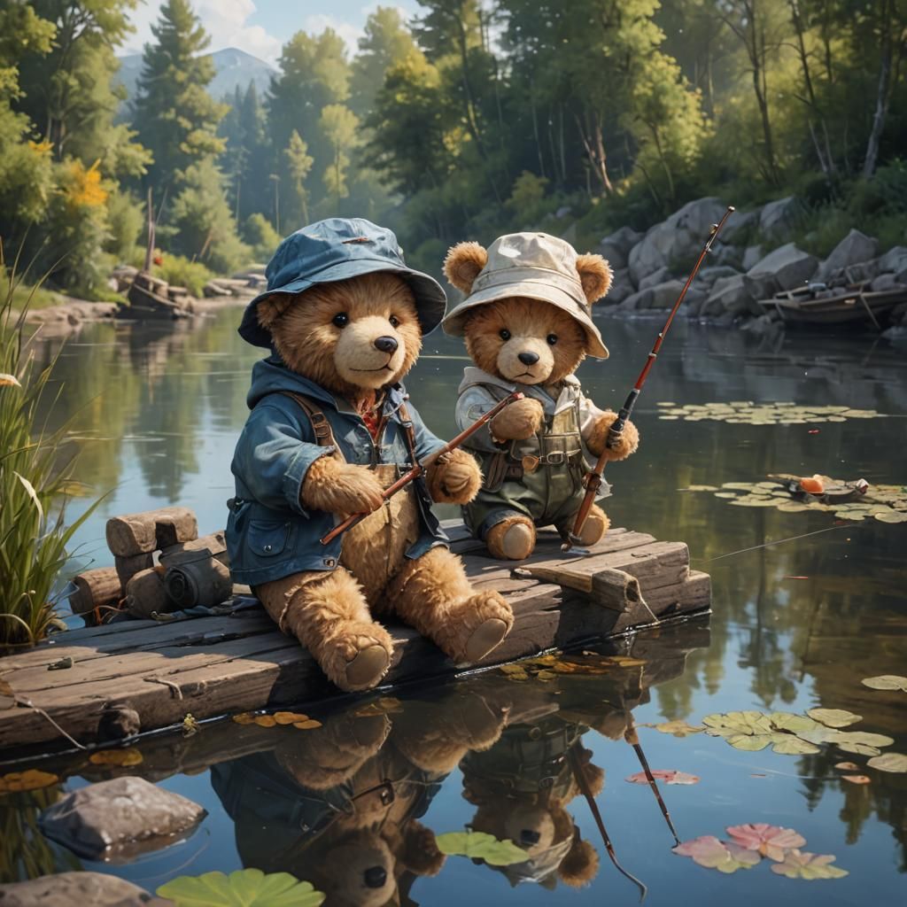 Adorable Teddy Bear Fisherman on Dock