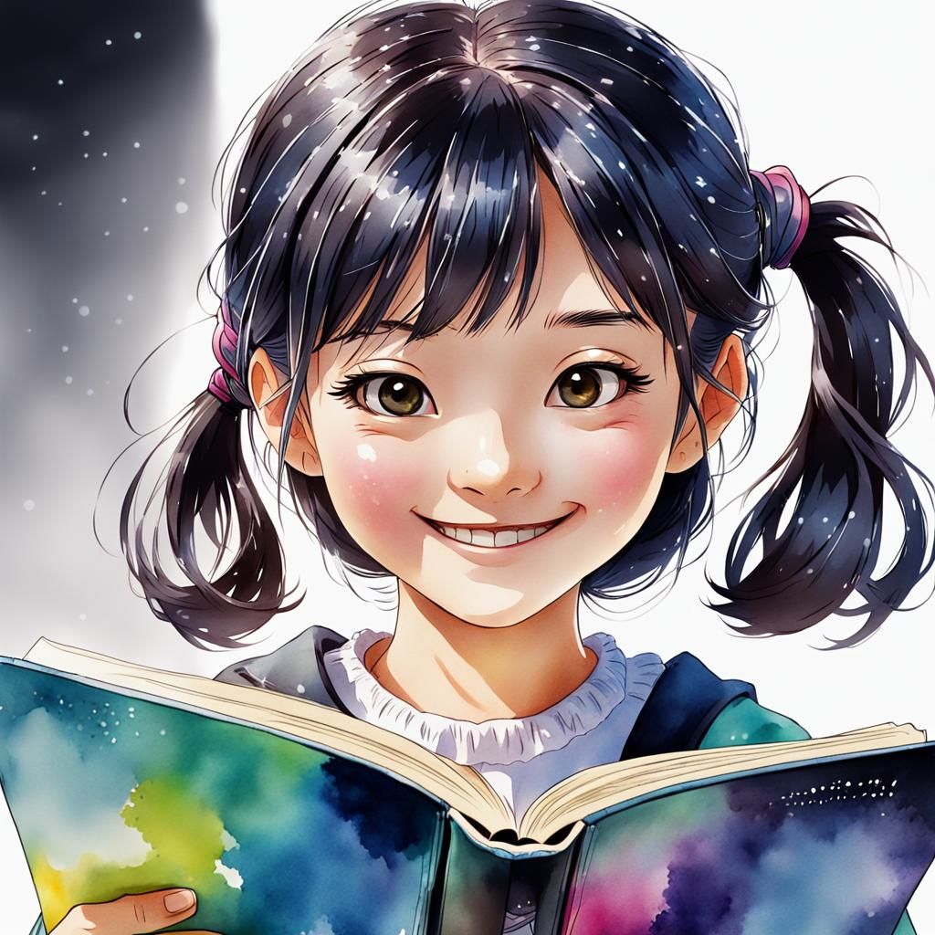 Anime Girl Reading Book in Watercolor Style