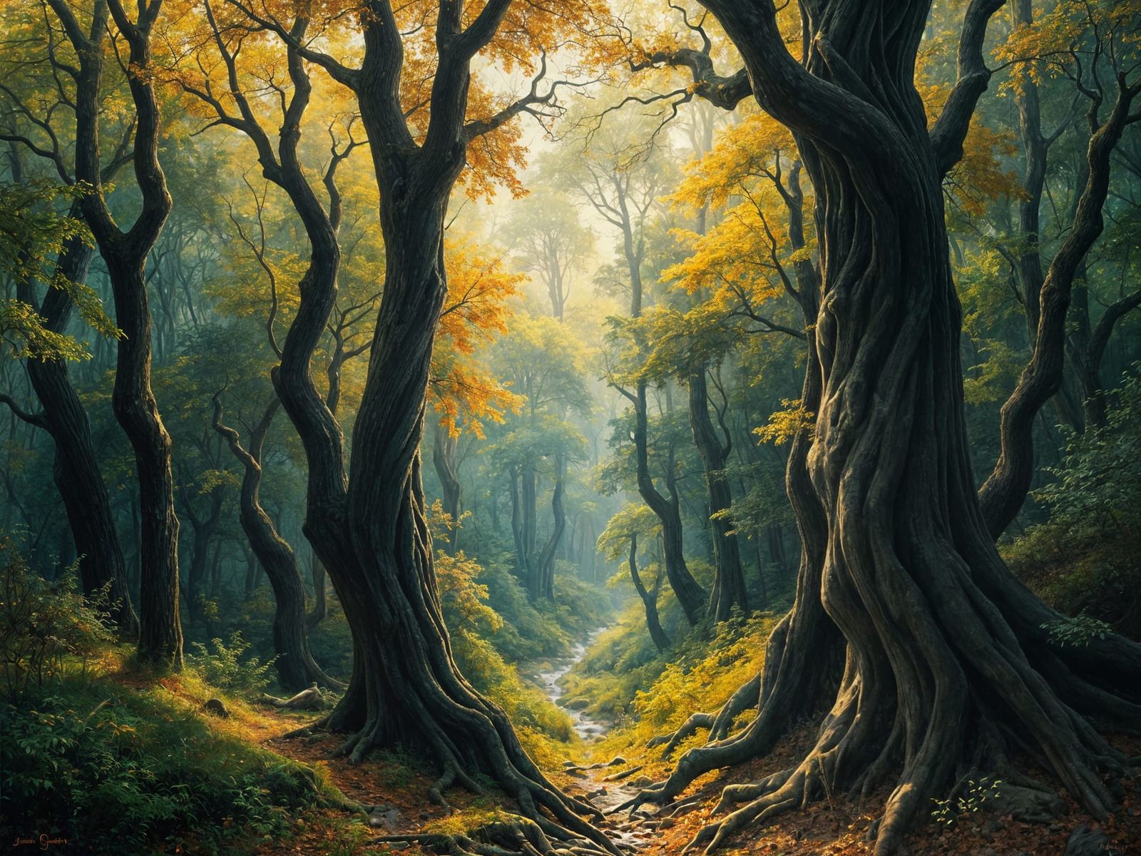 Luminous Forest Landscape in Whimsical Oil Painting Style