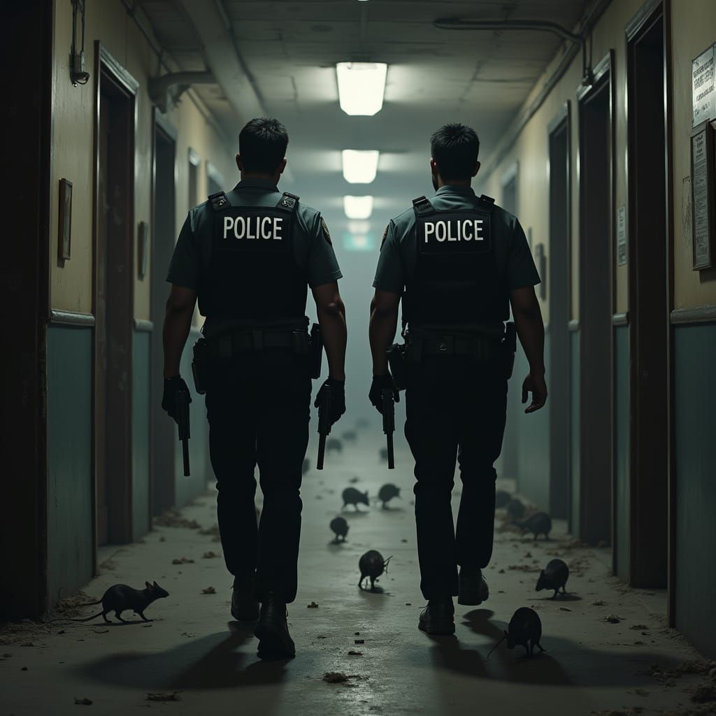 Boston Police Officers in Abandoned Tenement Lobby
