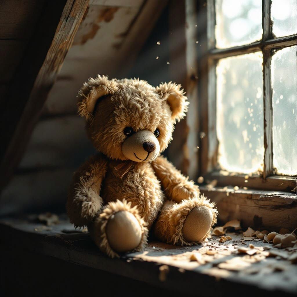 Melancholy Teddy Bear in Dusty Attic, Ethereal Light
