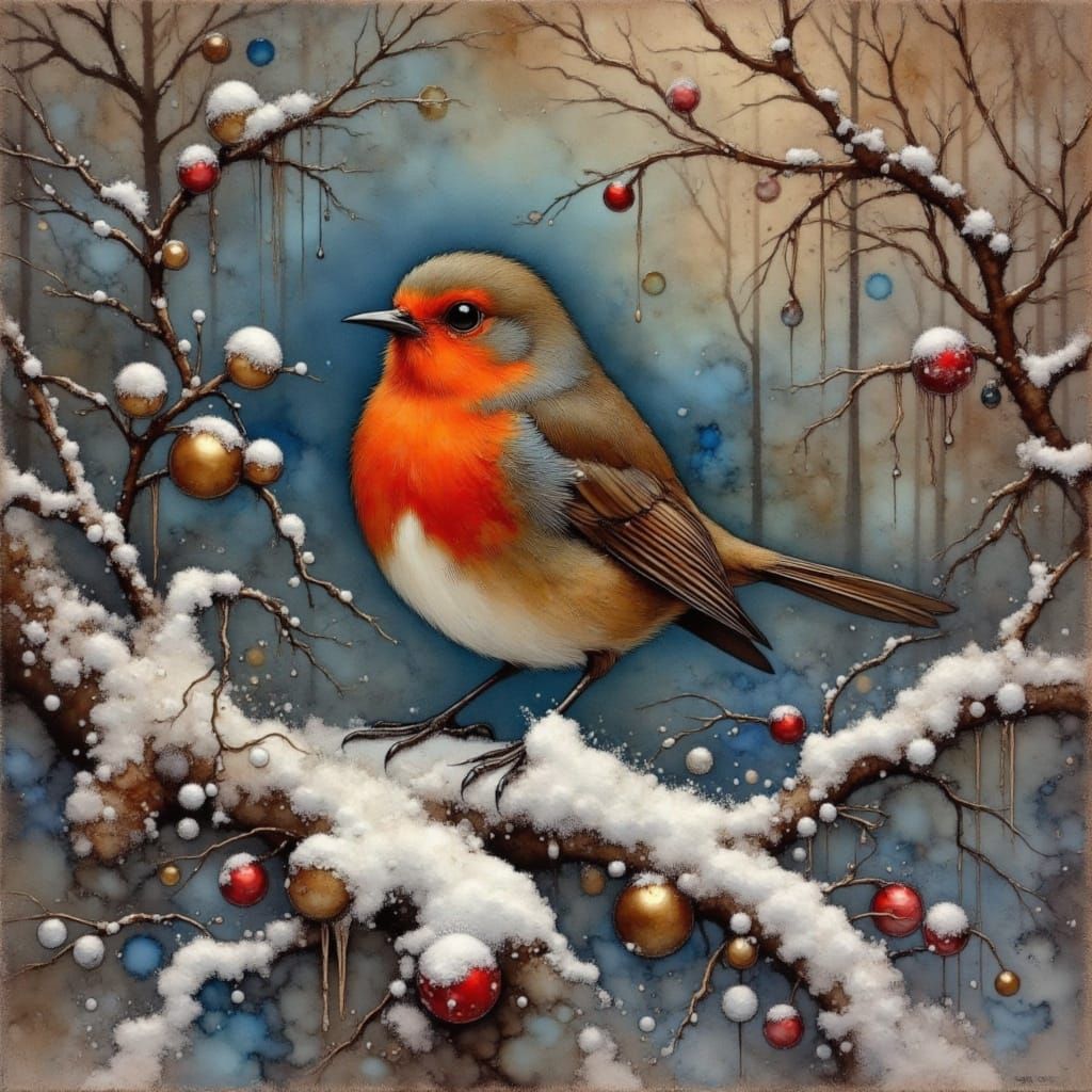 Surreal Oil Painting of Scarlet Robin on Snowy Branch in Dra...