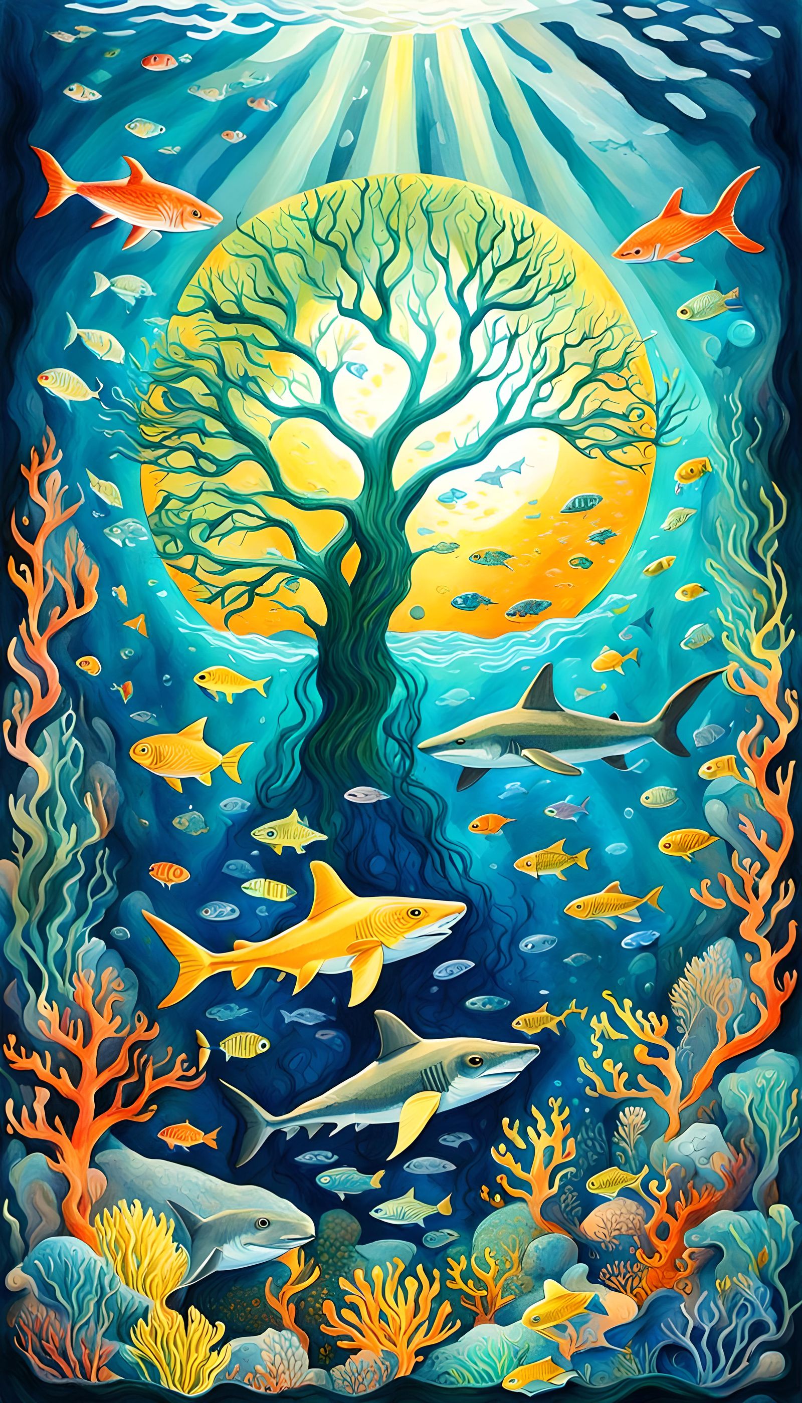 Underwater Tree of Life in Gouache Style