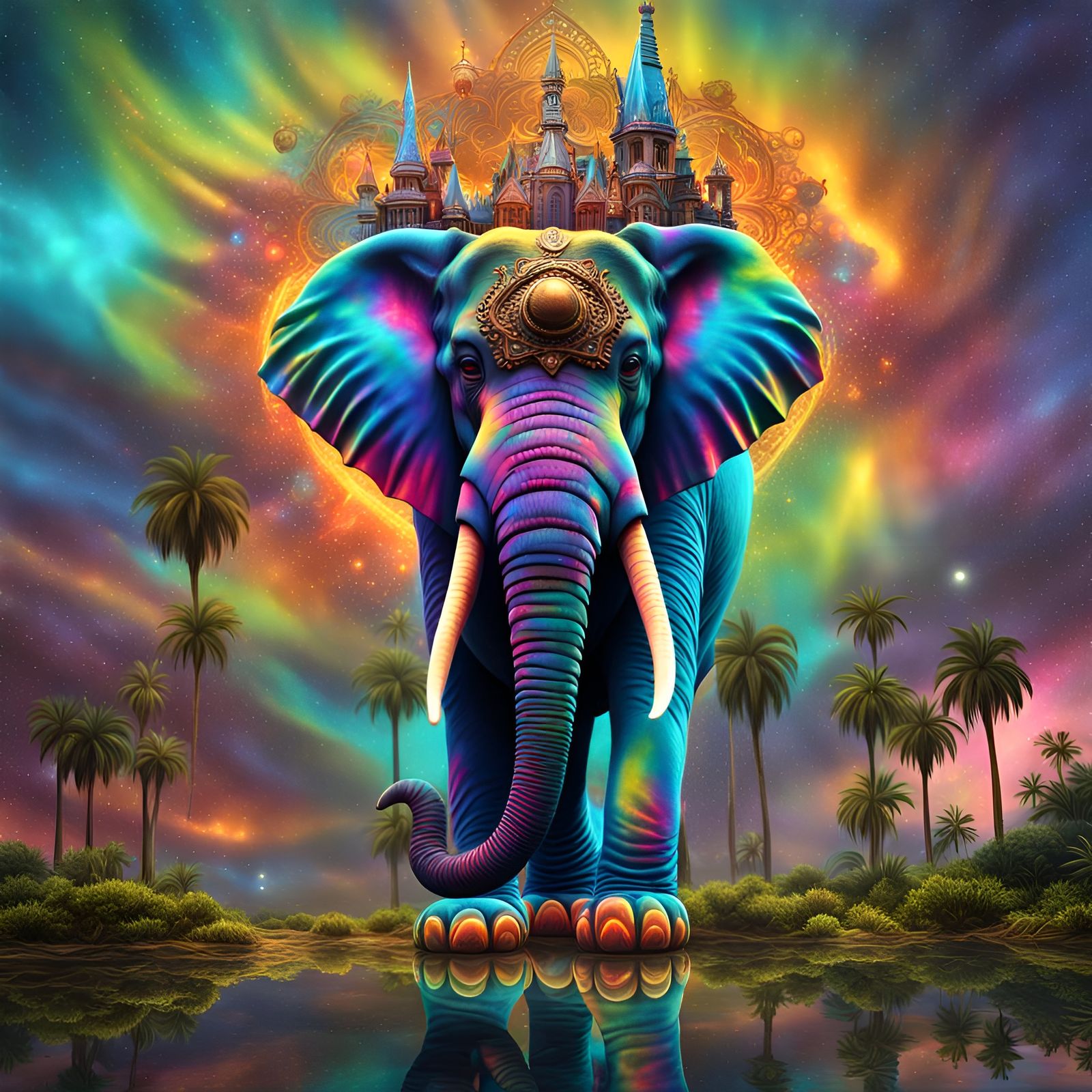 tie dye bioluminescent stardust iridescent oil slick elephant Crowned goddess detailed matte painting, deep color, fanta...