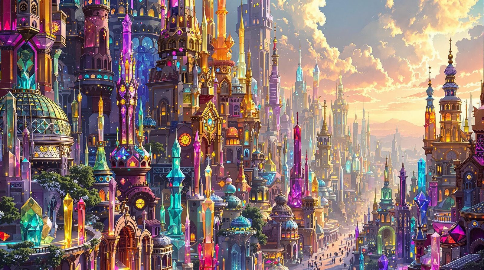 Rainbow Gemstone Metropolis in Futuristic Style