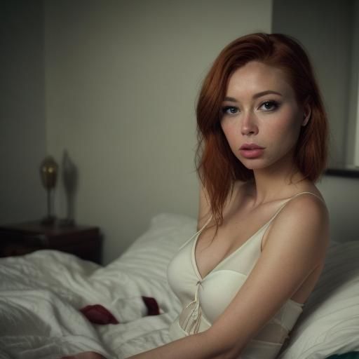 Redhead Woman Portrait in Bedroom with Cinematic Lighting