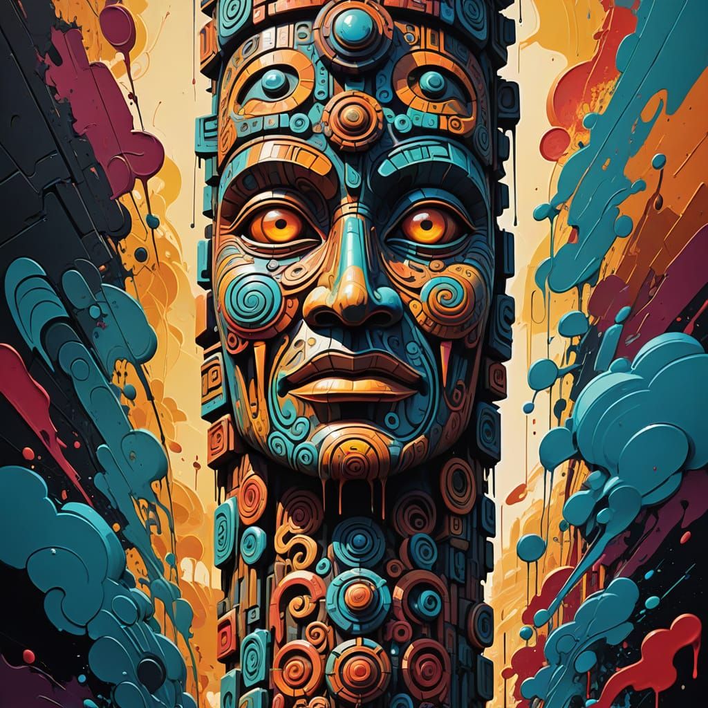 Vibrant Totem Pole Graffiti Art in Surreal Street Style