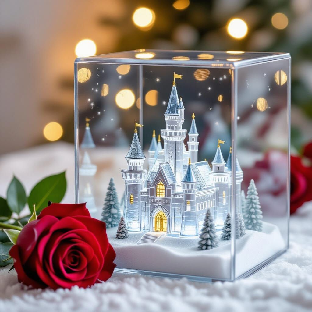 Winter Castle in Glass with Red Rose