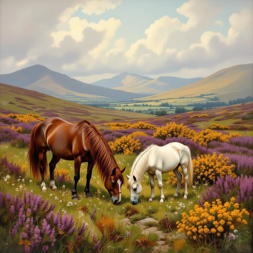 Chestnut Mare and Foal in a Highland Meadow