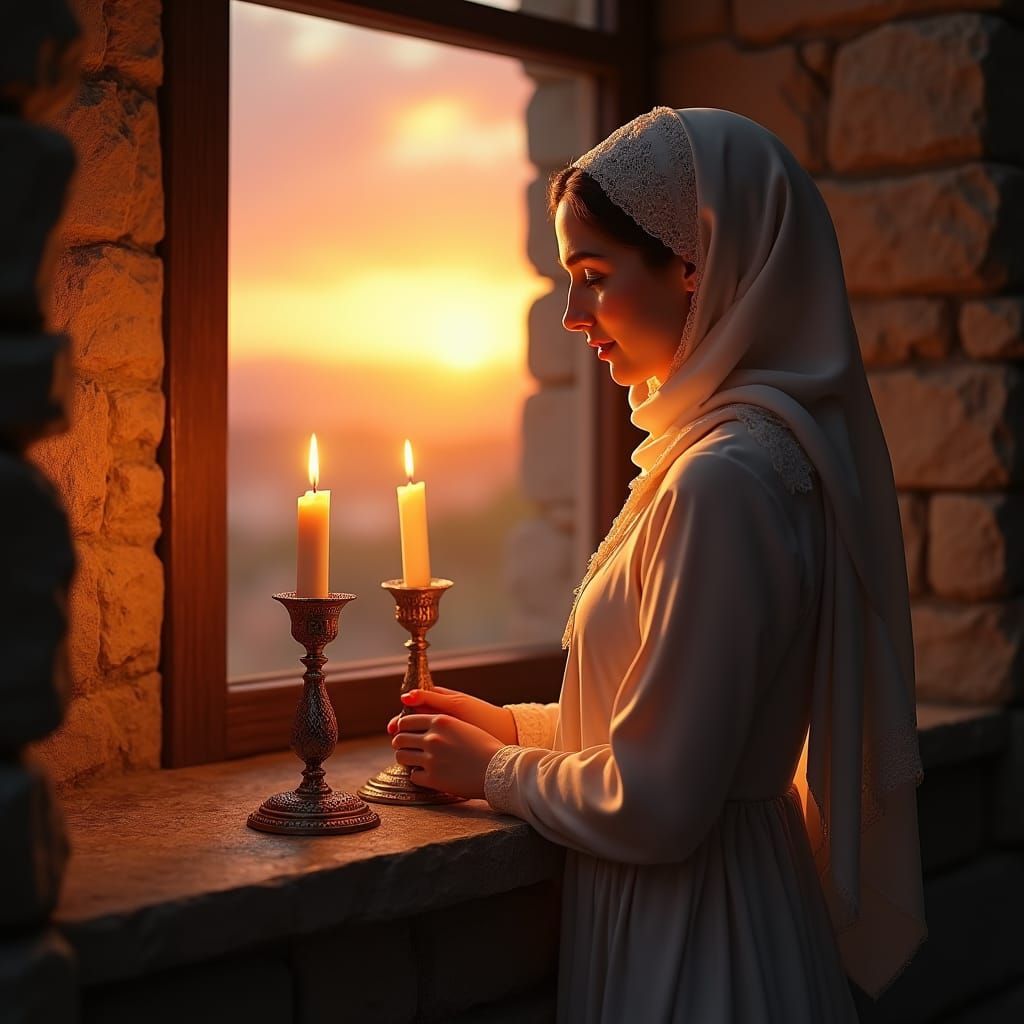 Jewish Woman Lights Shabbat Candles at Sunset