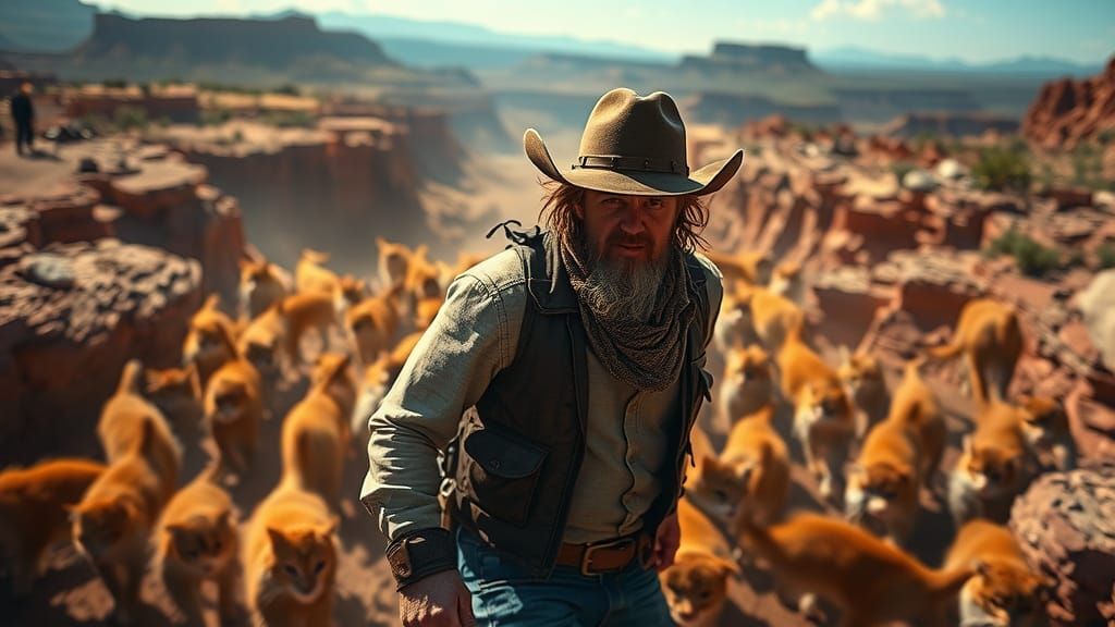 Cowboy Herding Cats in a Sweeping Canyon