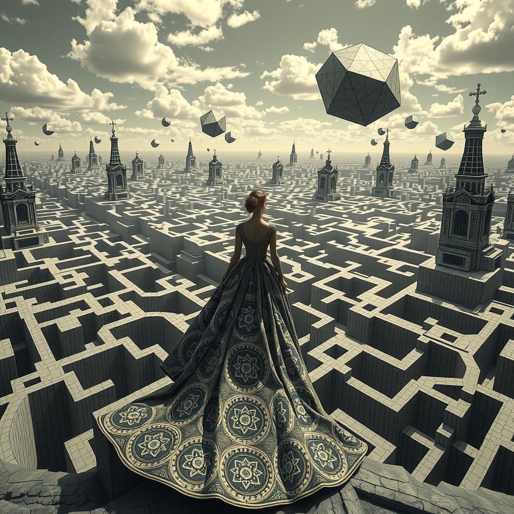 Escher-Inspired Gown on Hyperbolic Landscape