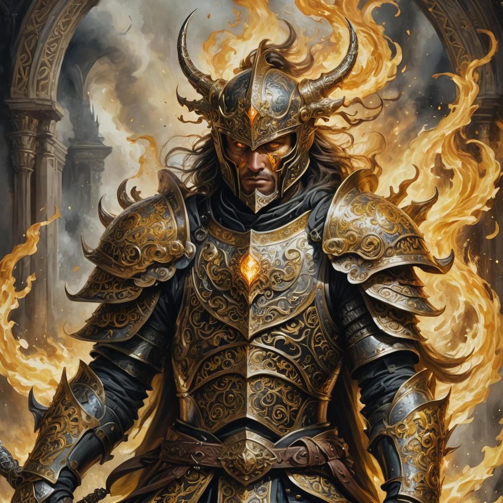 Fantasy Warrior Portrait with Swirling Armor and Flames