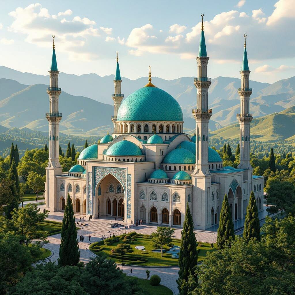 Majestic Mosque with Turquoise Dome at Mountain Foothills