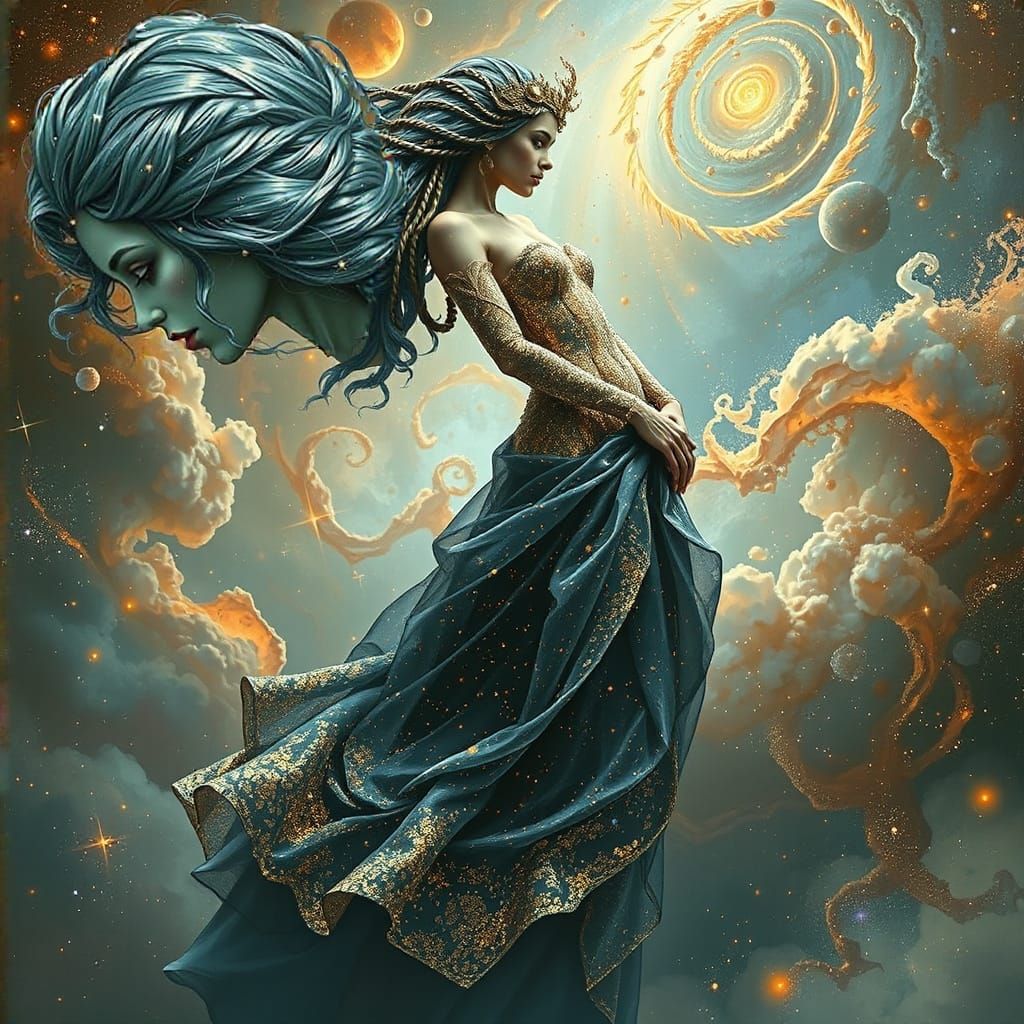 Cosmic Figure in Stardust Gown with Braided Hair