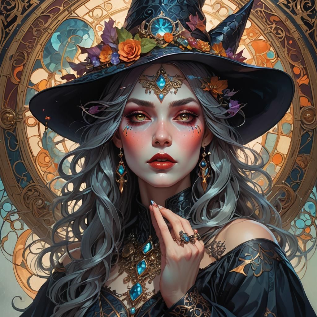 Mystical Witch Portrait in Art Nouveau Style