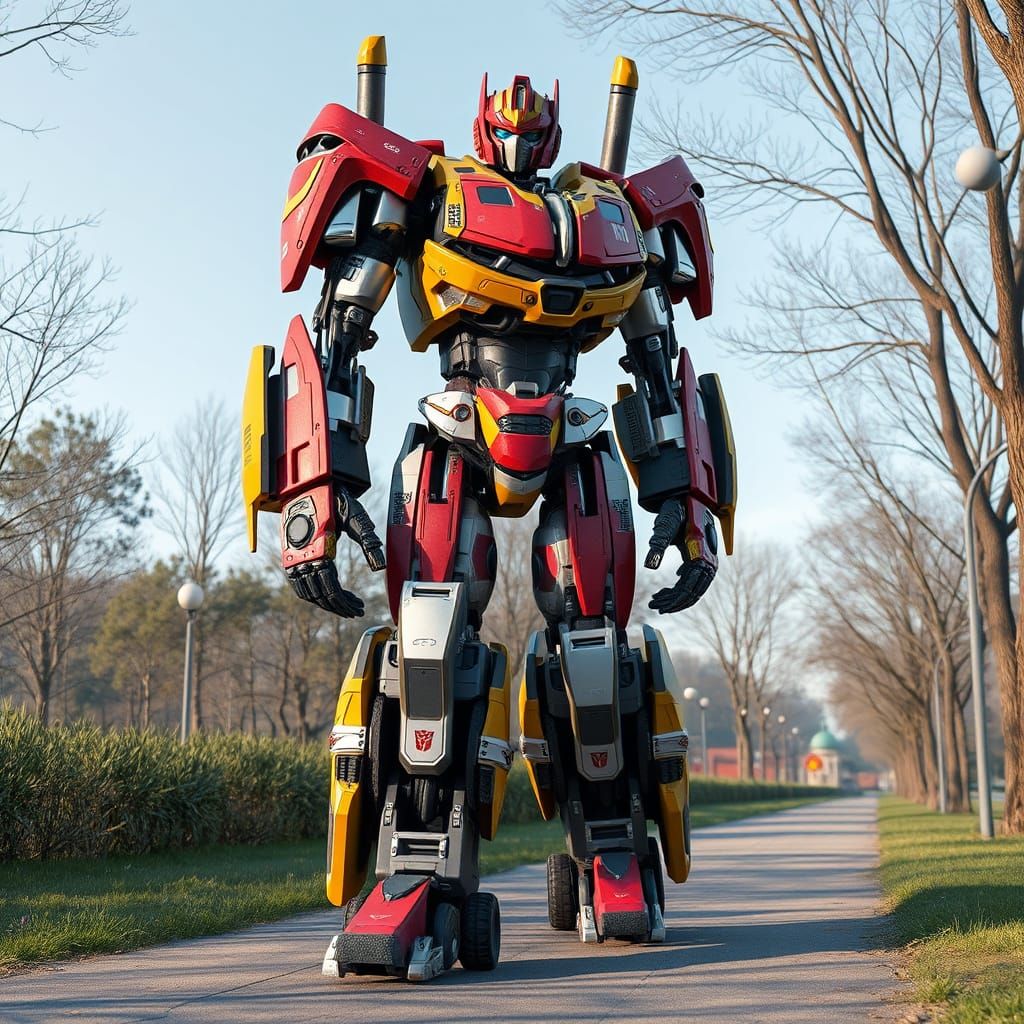 Cyberpunk Nokia 3310 Transformer Strolls Through a Serene Pa...