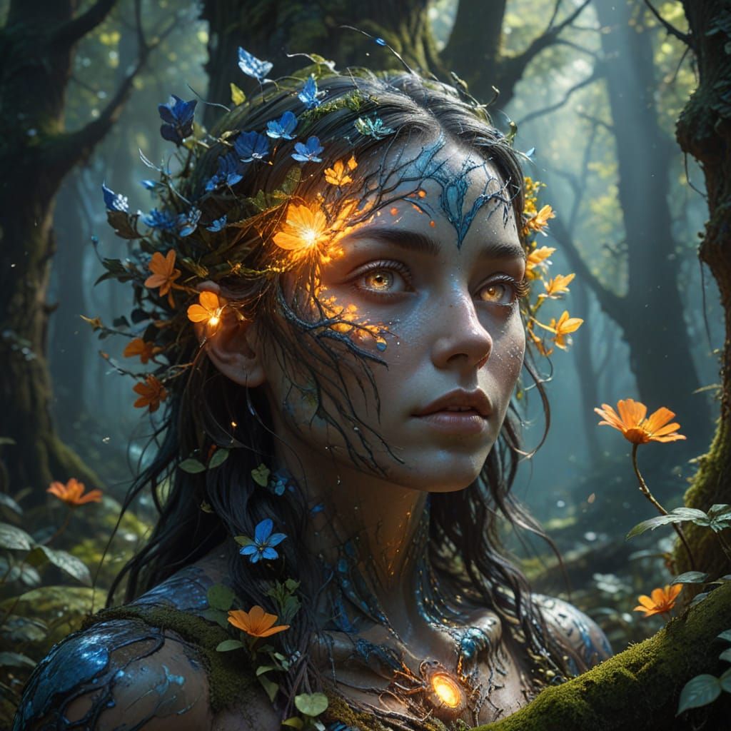 Mystical Being Amidst Ancient Trees in Vibrant Surreal Art