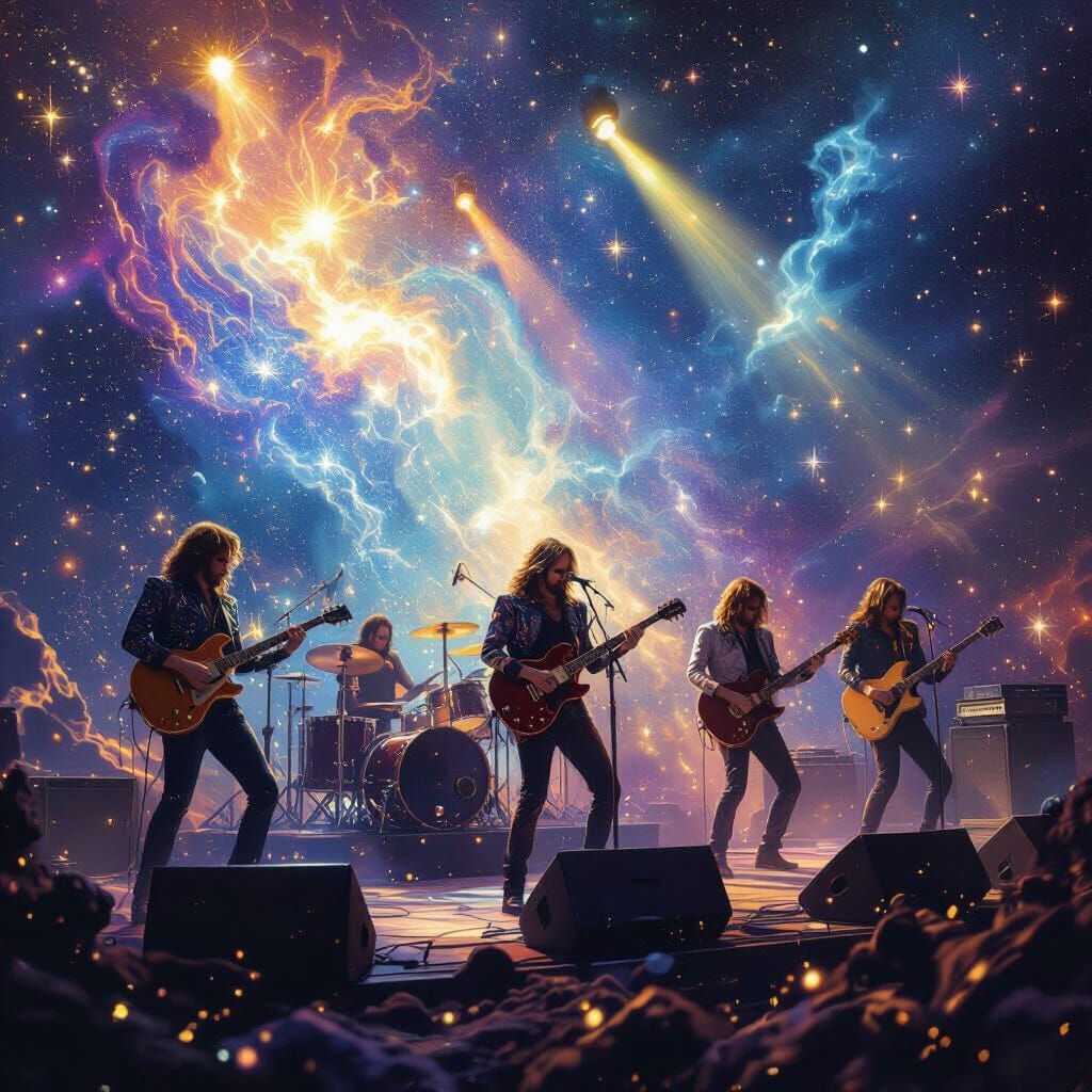 Human Band Performs in Vibrant Astral Space