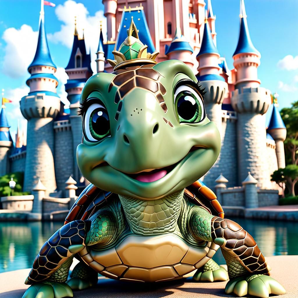 Anthropomorphic Turtle at Disney World in 3D Anime Style