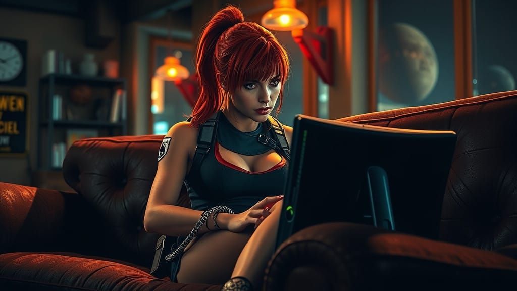 Claire Redfield Gaming in Dark, Futuristic Lair