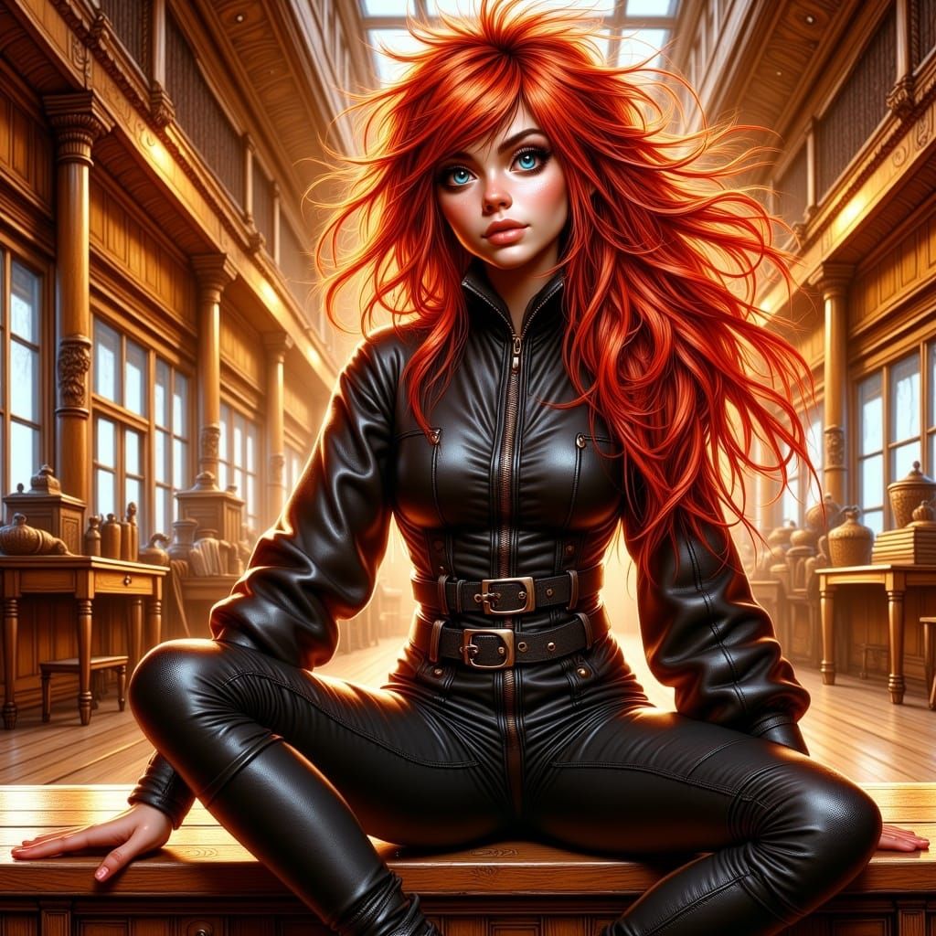 Dynamic Red-Haired Woman in Futuristic Jumpsuit