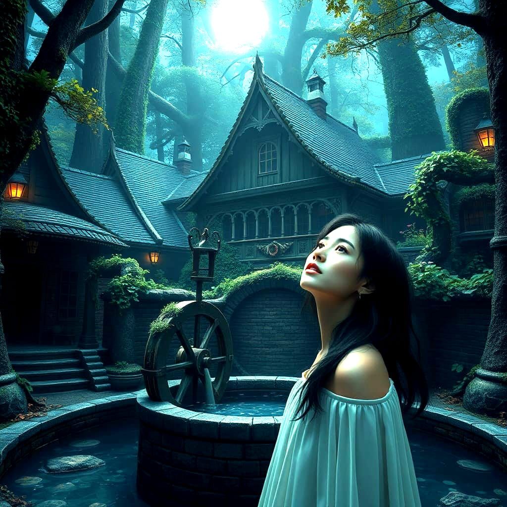 Fantasy Woman at Village Well, Detailed Digital Art