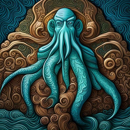 Colorful Cthulhu Bas Relief Digital Sculpture