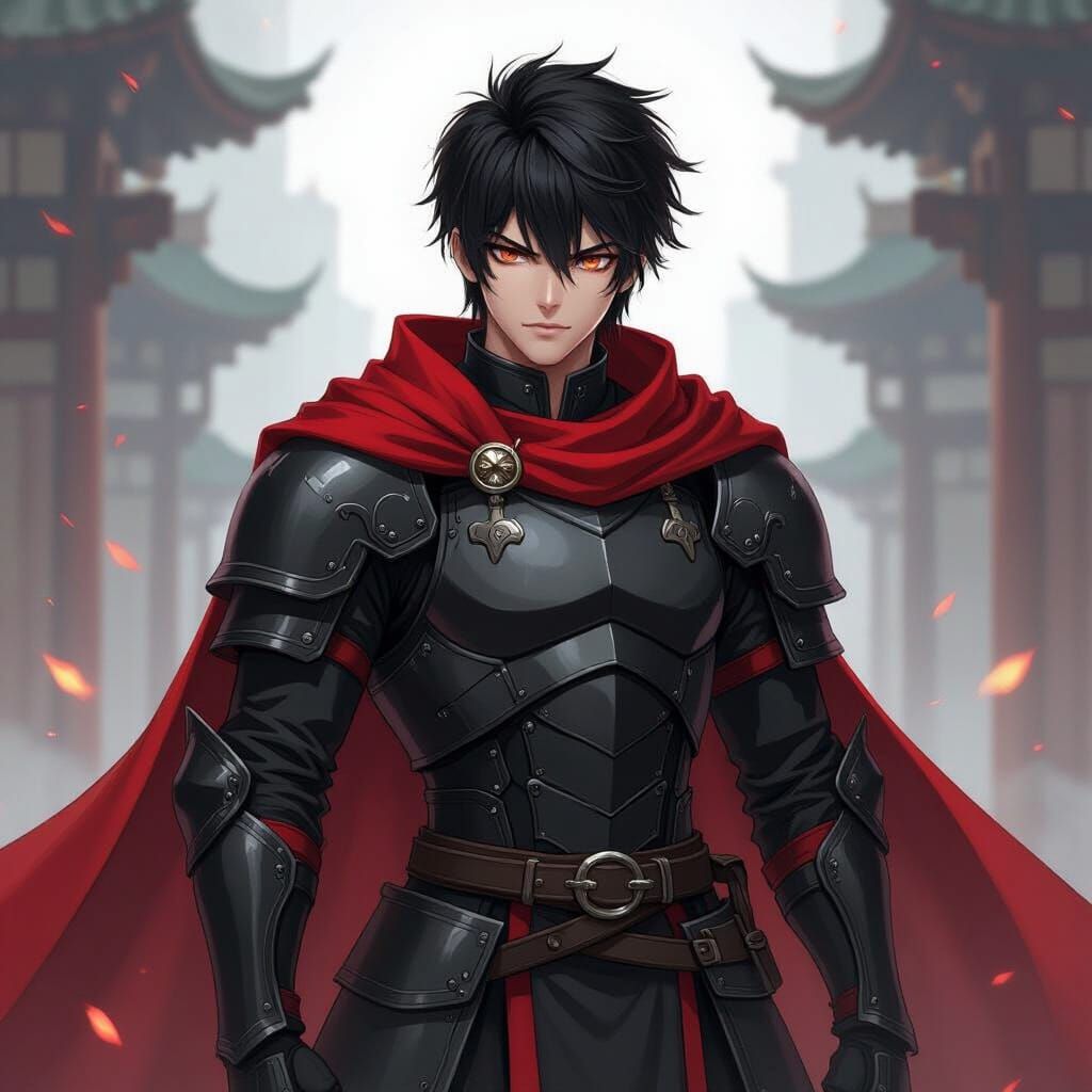 Epic Anime Warrior in Black Armor and Red Cape