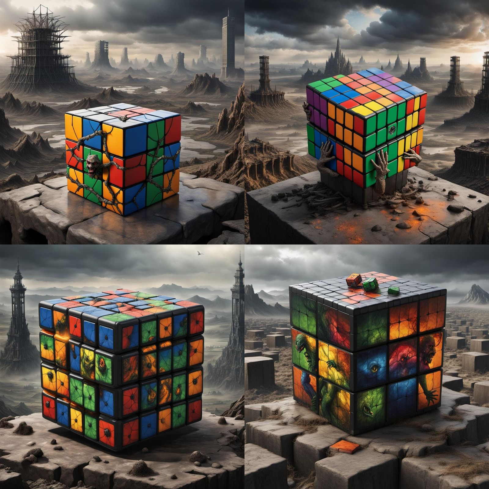 Surreal Rubik's Cube in Postapocalyptic Horror Landscape