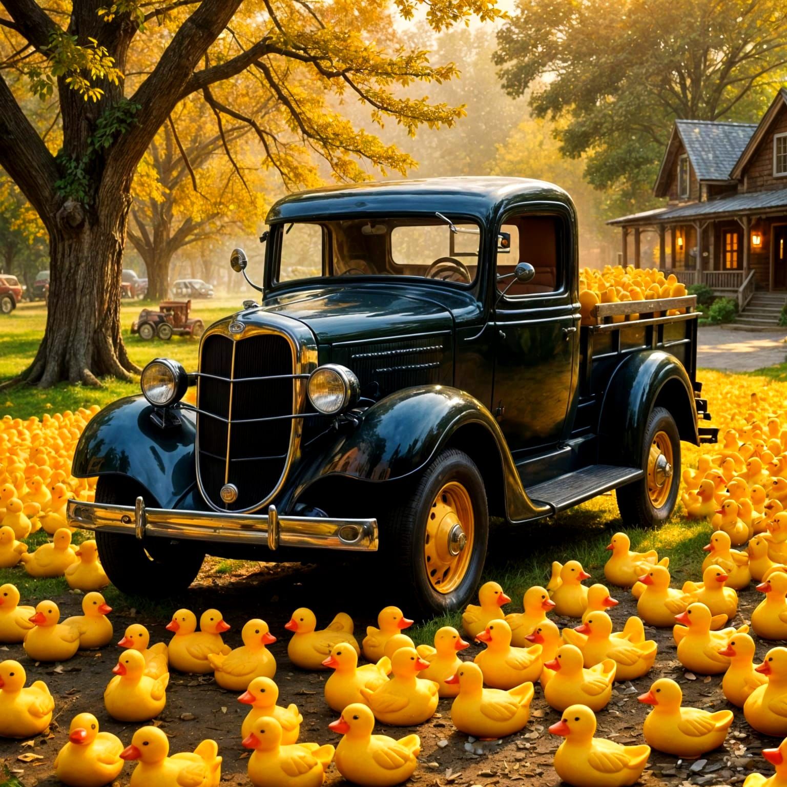 Rubber Ducks Fill Vintage Ford Truck in Whimsical Scene