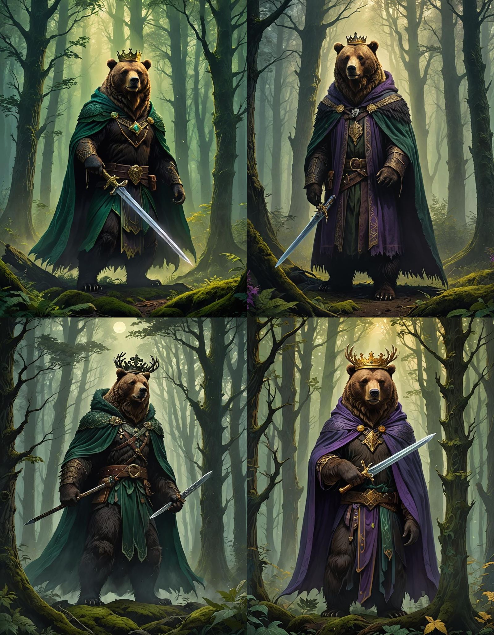 Crowned Bear with Sword in Misty Forest
