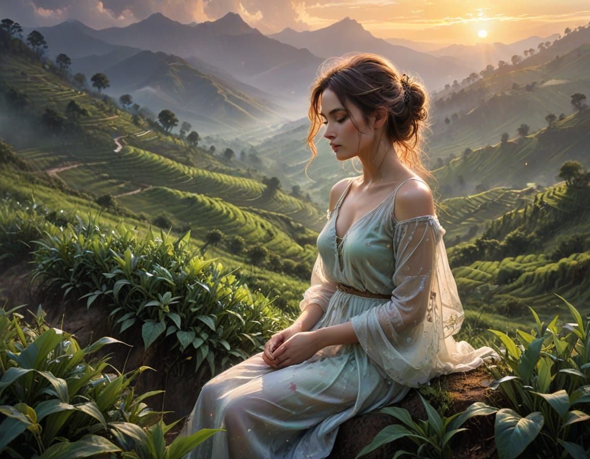 Misty Highlands Tea Fields in Haenraets Style