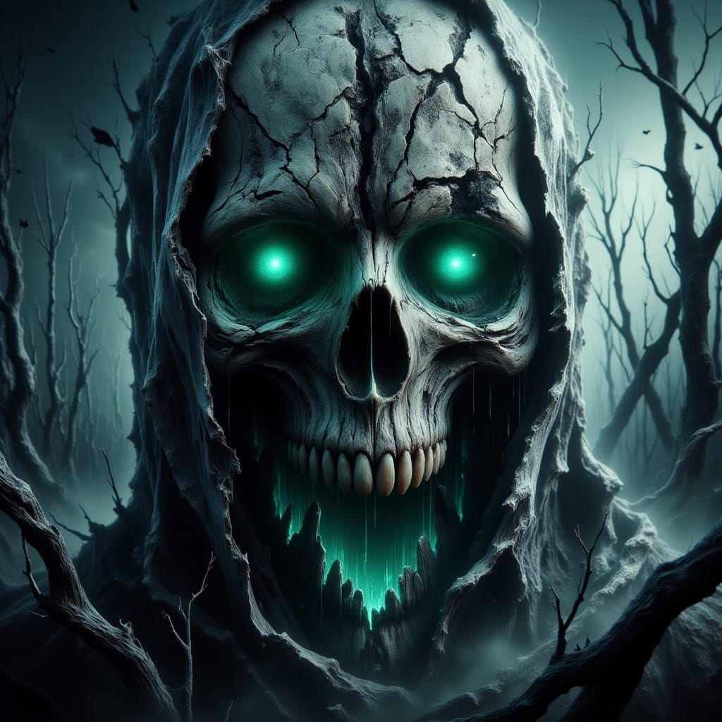 Giant Decayed Skull in Gothic Horror Landscape