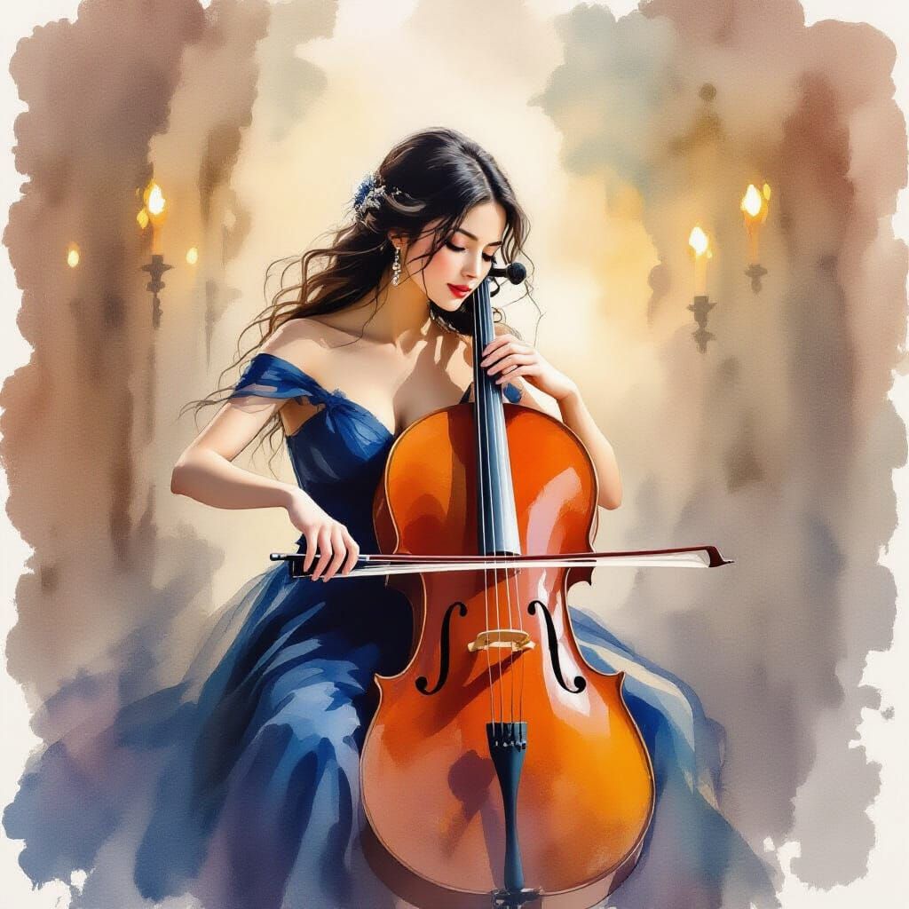 Woman Playing Cello in Ethereal Watercolor Style