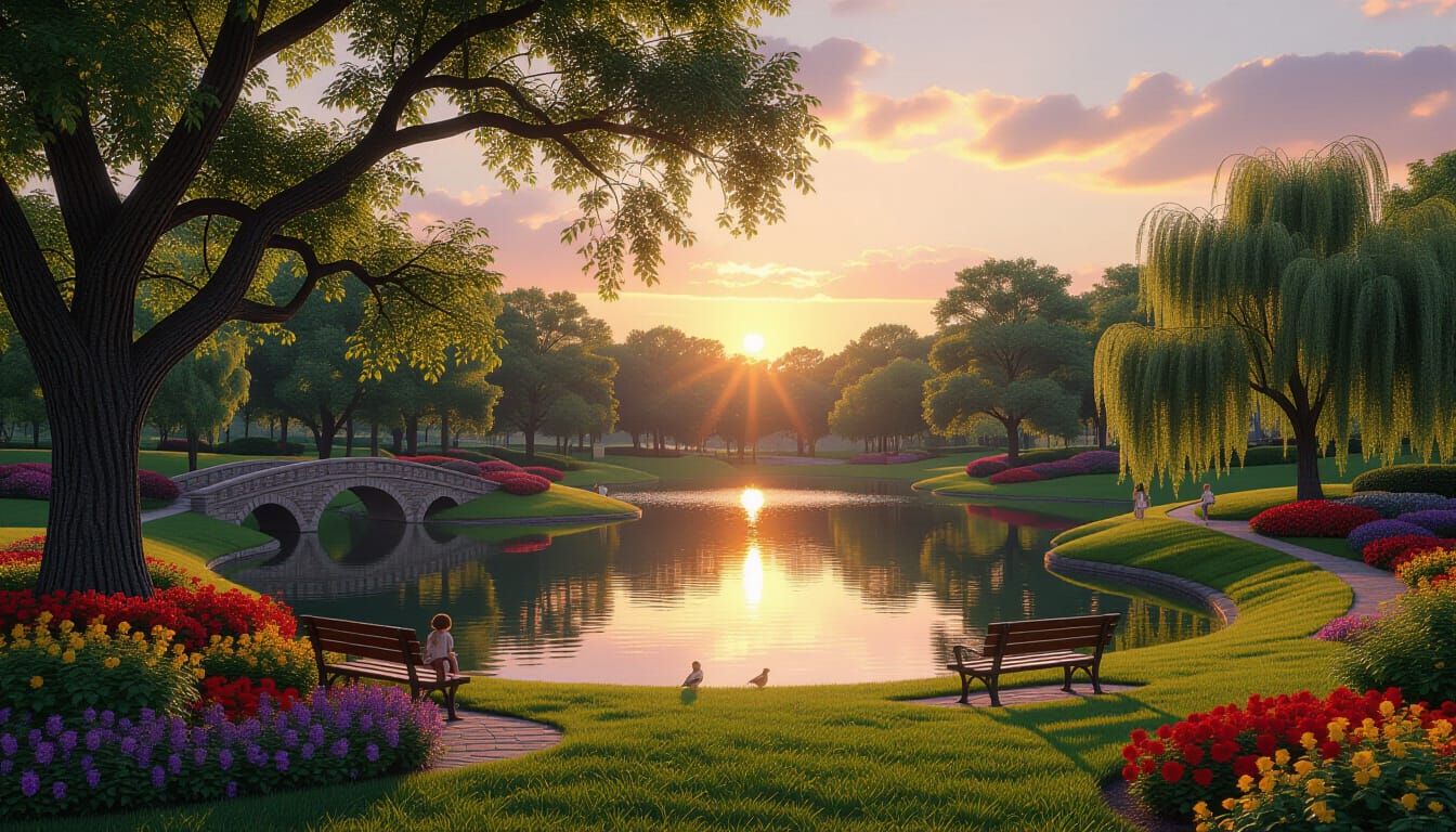 Serene Park at Golden Hour Digital Matte Painting