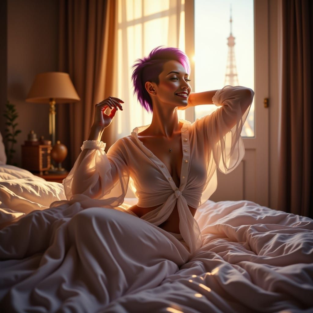 Punk Woman Wakes in Sunlit Bedroom