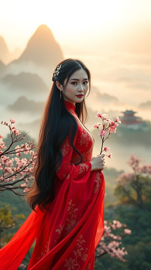 Vietnamese Goddess in Elegant Áo Dài with Cherry Blossoms an...
