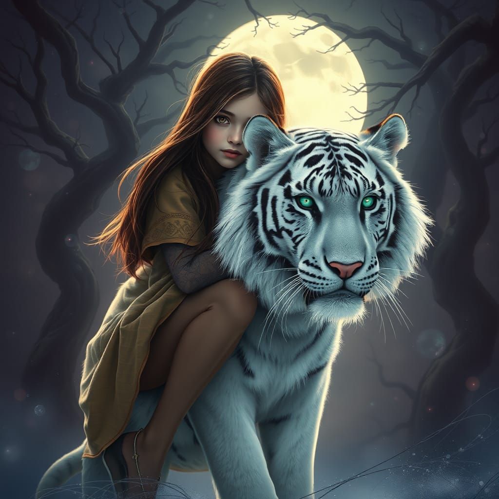 Girl and White Tiger in Mystical Forest: Matte Painting