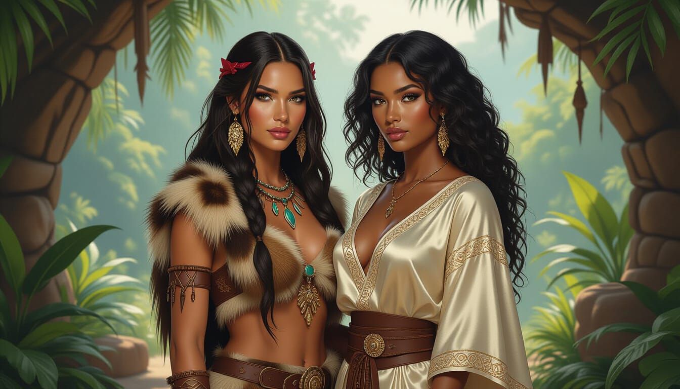 Cavewoman and Black Woman in Silk Tunic in Lush Landscape