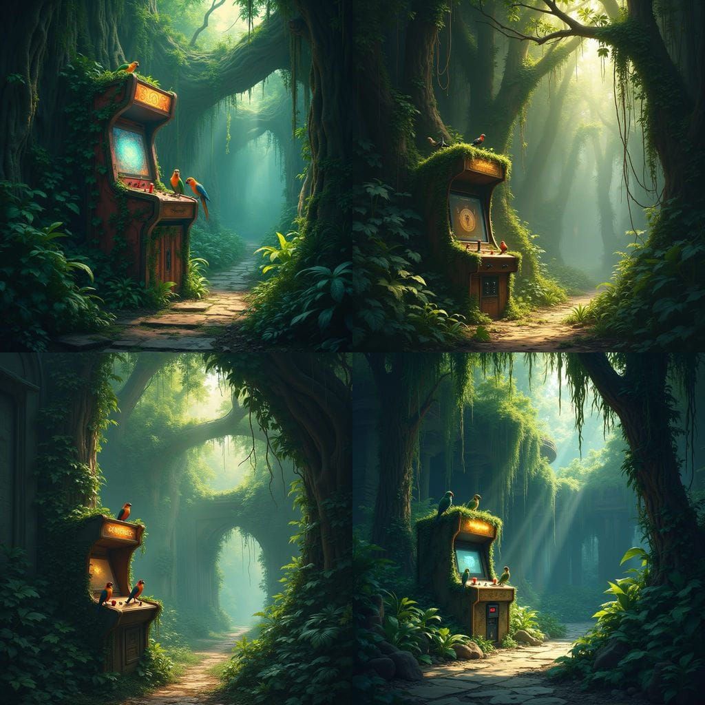 Ancient Jungle Temple with Glowing Arcade Cabinet